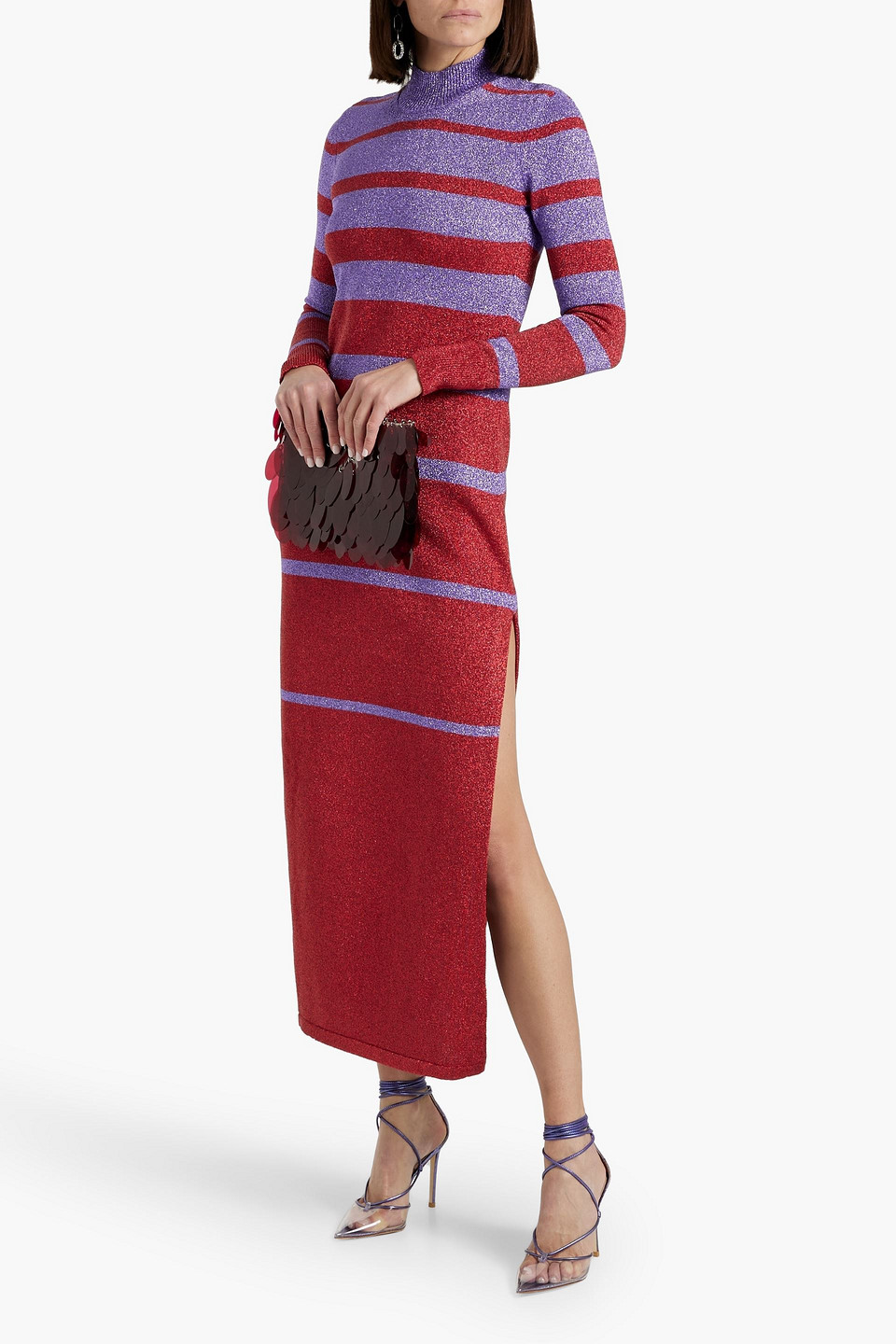 Shop Rabanne Metallic Striped Knitted Turtleneck Maxi Dress In Crimson