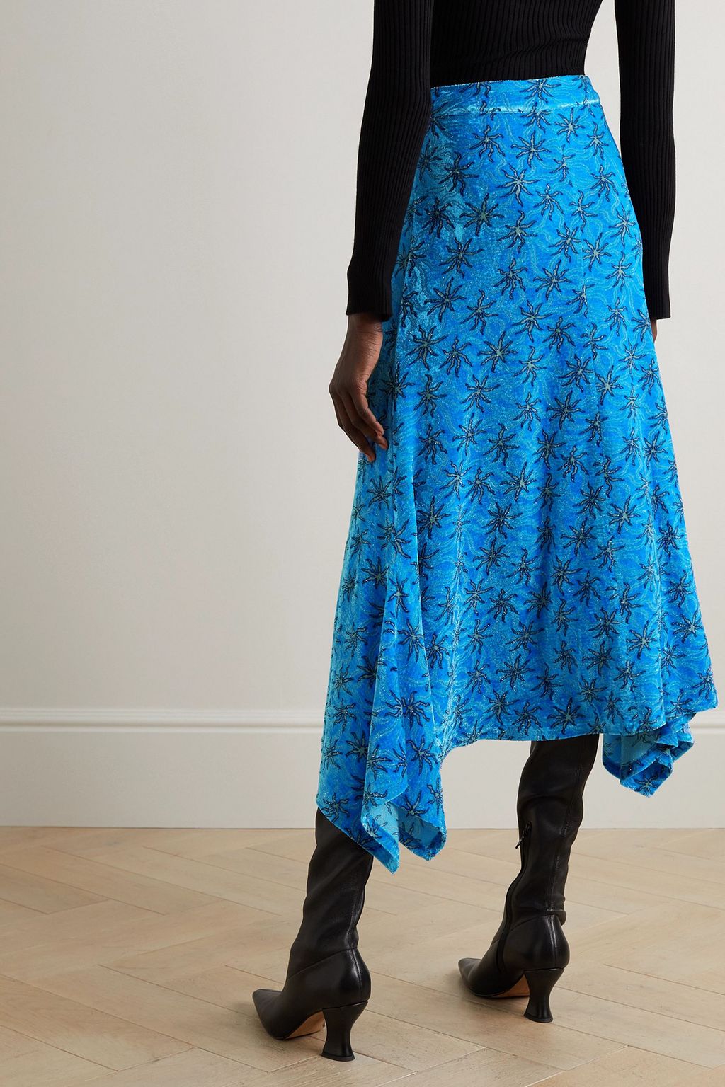 RABANNE Asymmetric metallic velvet-jacquard midi skirt