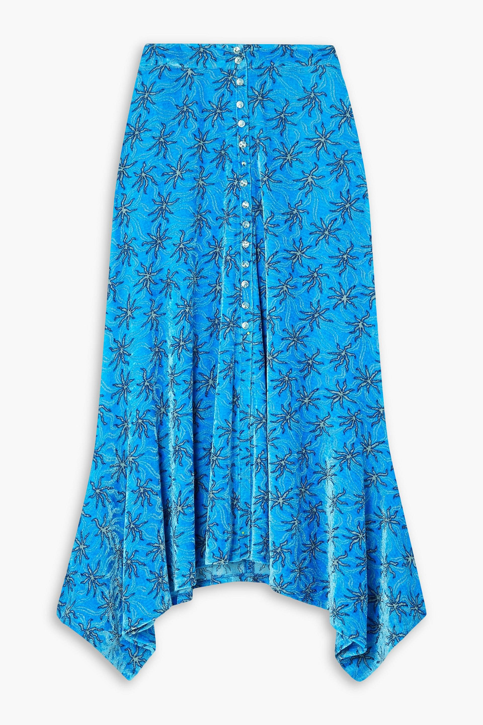 Rabanne Asymmetric Metallic Velvet-jacquard Midi Skirt In Azure