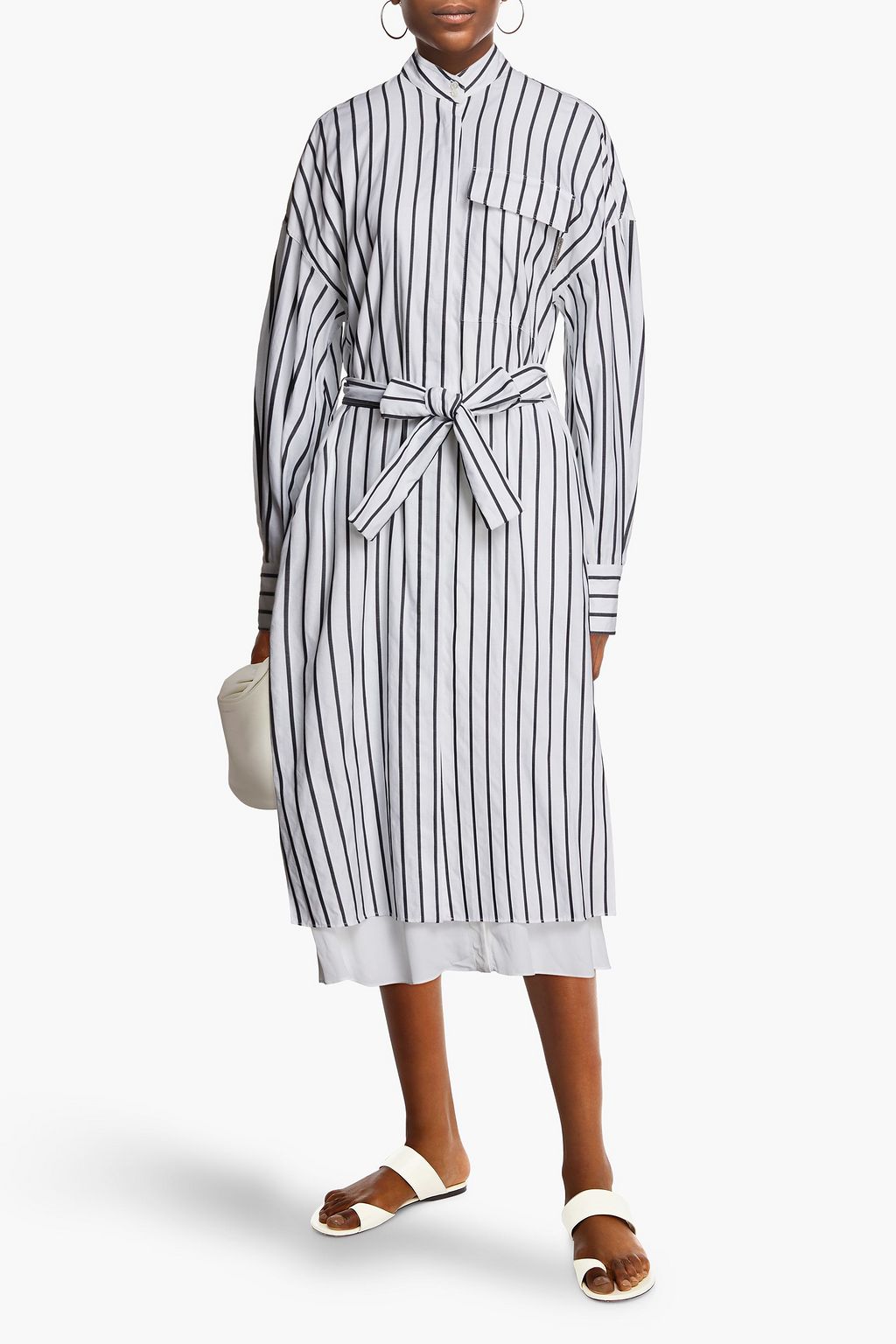 BRUNELLO CUCINELLI Gestreiftes Hemdkleid aus Crêpe de Chine in Midilänge mit Verzierung