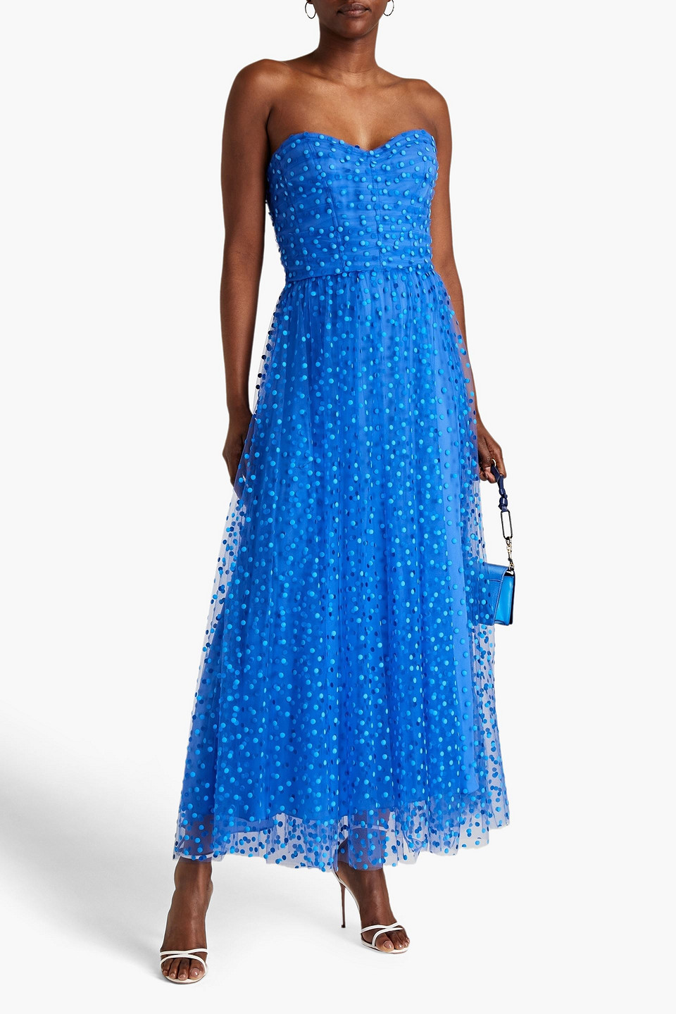 Monique Lhuillier Strapless Appliquéd Polka-dot Tulle Midi Dress