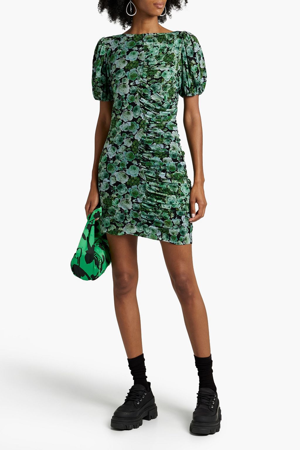 GANNI Ruched floral-print mesh mini dress