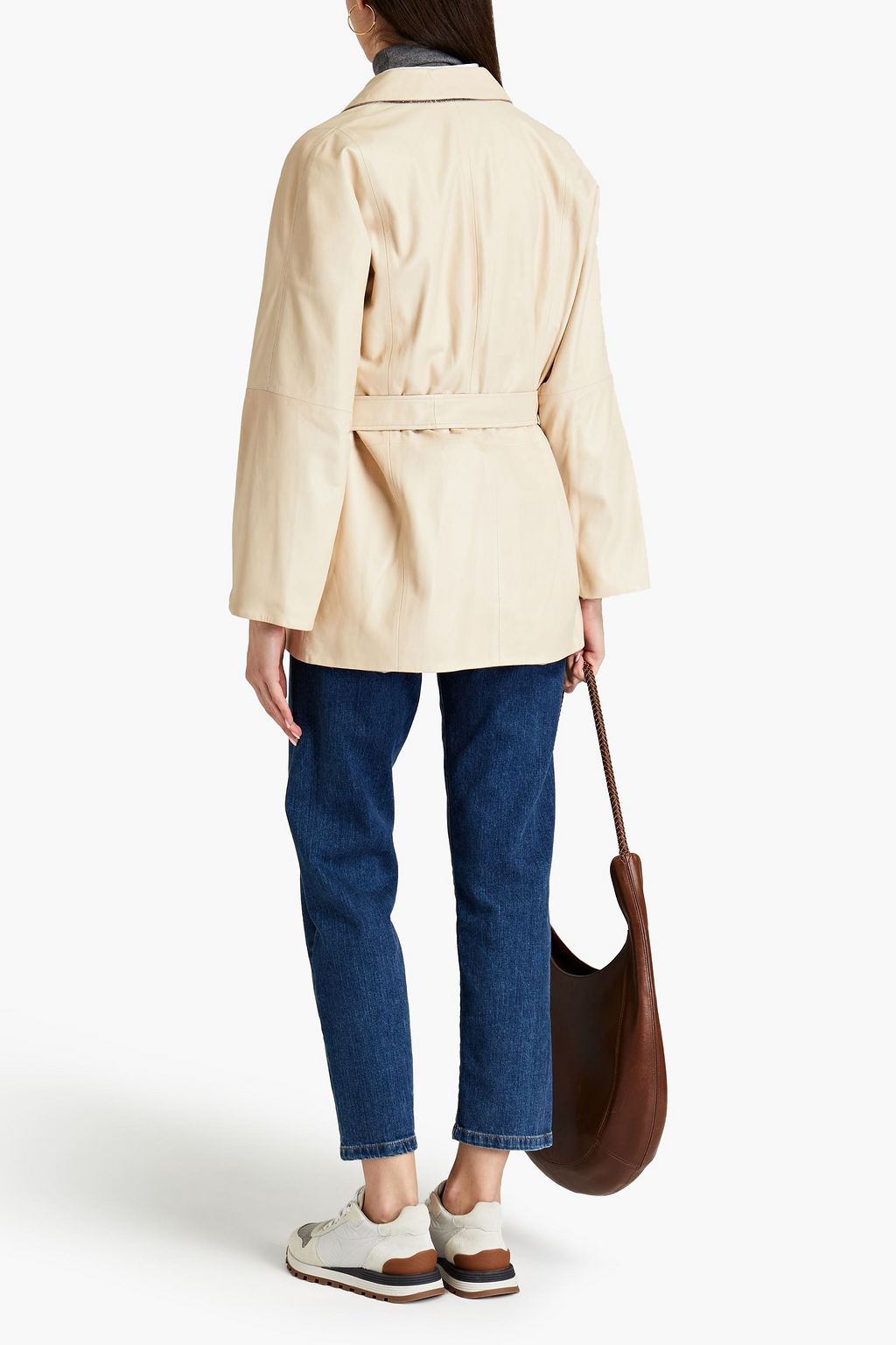 BRUNELLO CUCINELLI Convertible belted leather and wool-flannel jacket