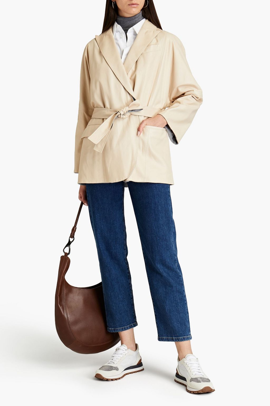 BRUNELLO CUCINELLI Convertible belted leather and wool-flannel jacket
