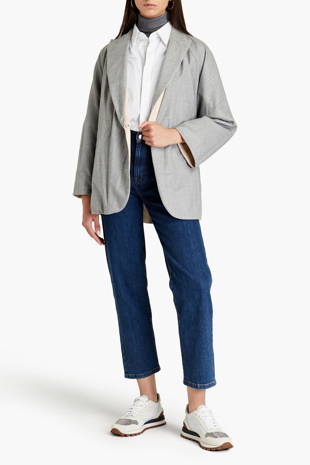 BRUNELLO CUCINELLI Convertible belted leather and wool-flannel jacket