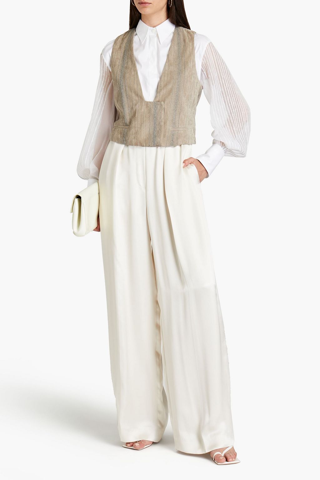 BRUNELLO CUCINELLI Satin-paneled embellished suede vest