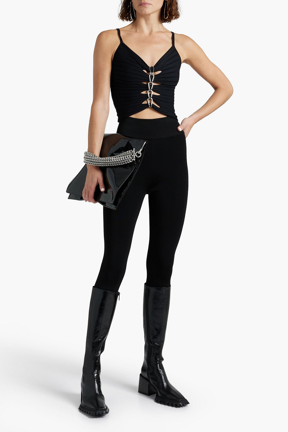 Dion Lee Cropped Chain-embellished Ribbed-knit Camisole In Black