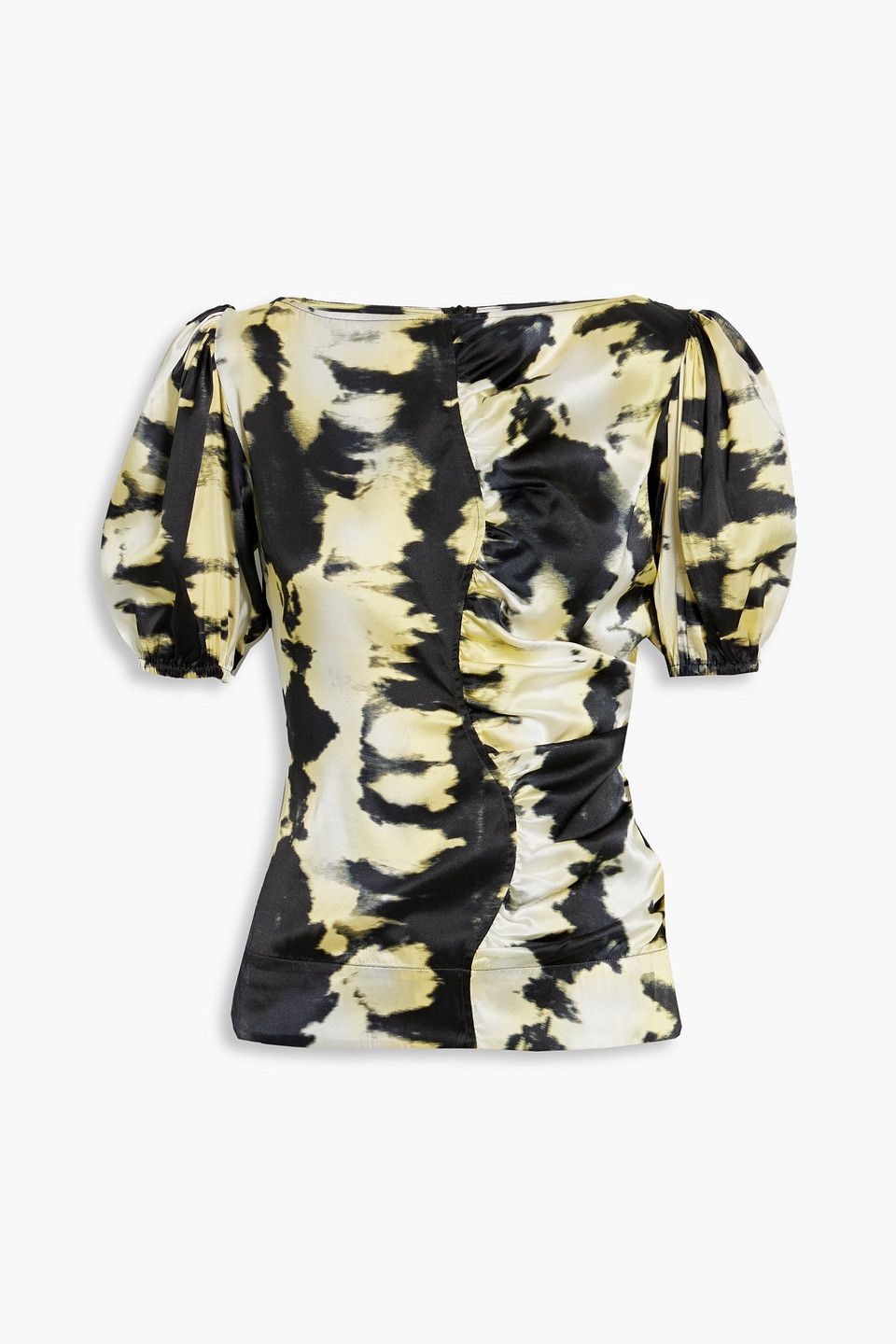 ganni - gathered printed silk-blend top - yellow - eu 38