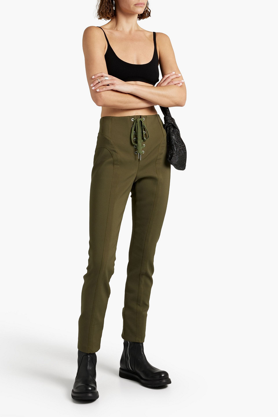 Dion Lee Lace-up Cotton-blend Skinny Pants In Army Green