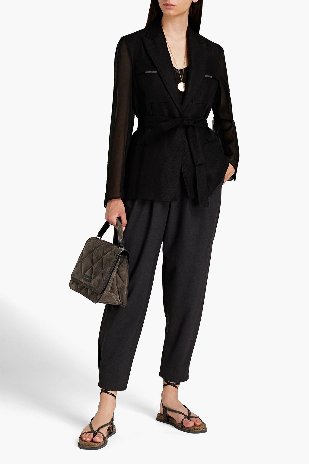 BRUNELLO CUCINELLI Organza-paneled embellished linen-twill blazer