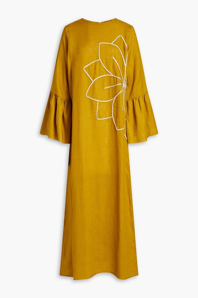 Embroidered linen-canvas kaftan