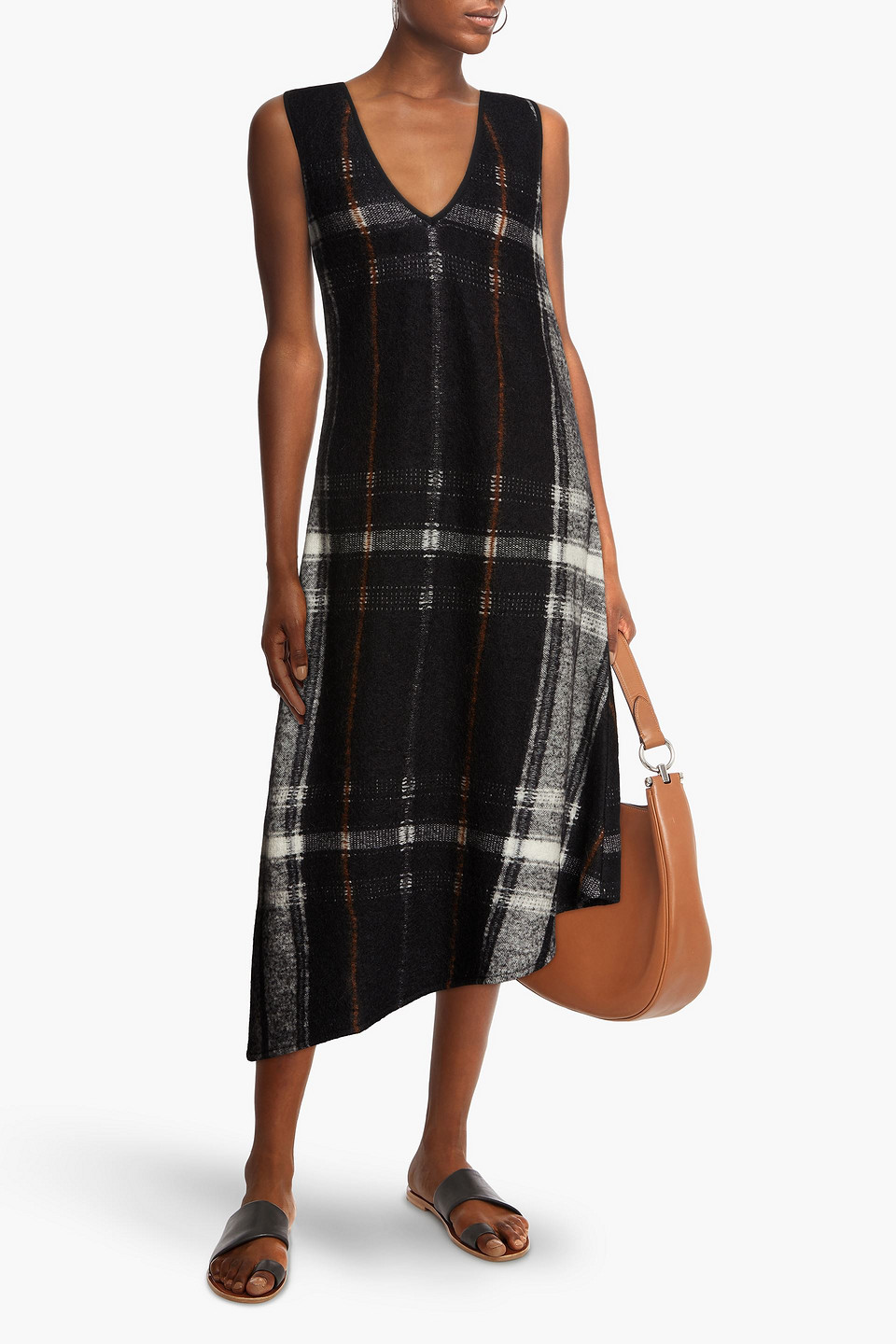 Gentryportofino Checked Wool-blend Midi Dress In Black