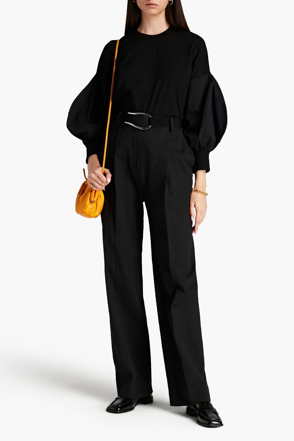 VICTORIA, VICTORIA BECKHAM Belted hammered cotton-blend straight-leg pants