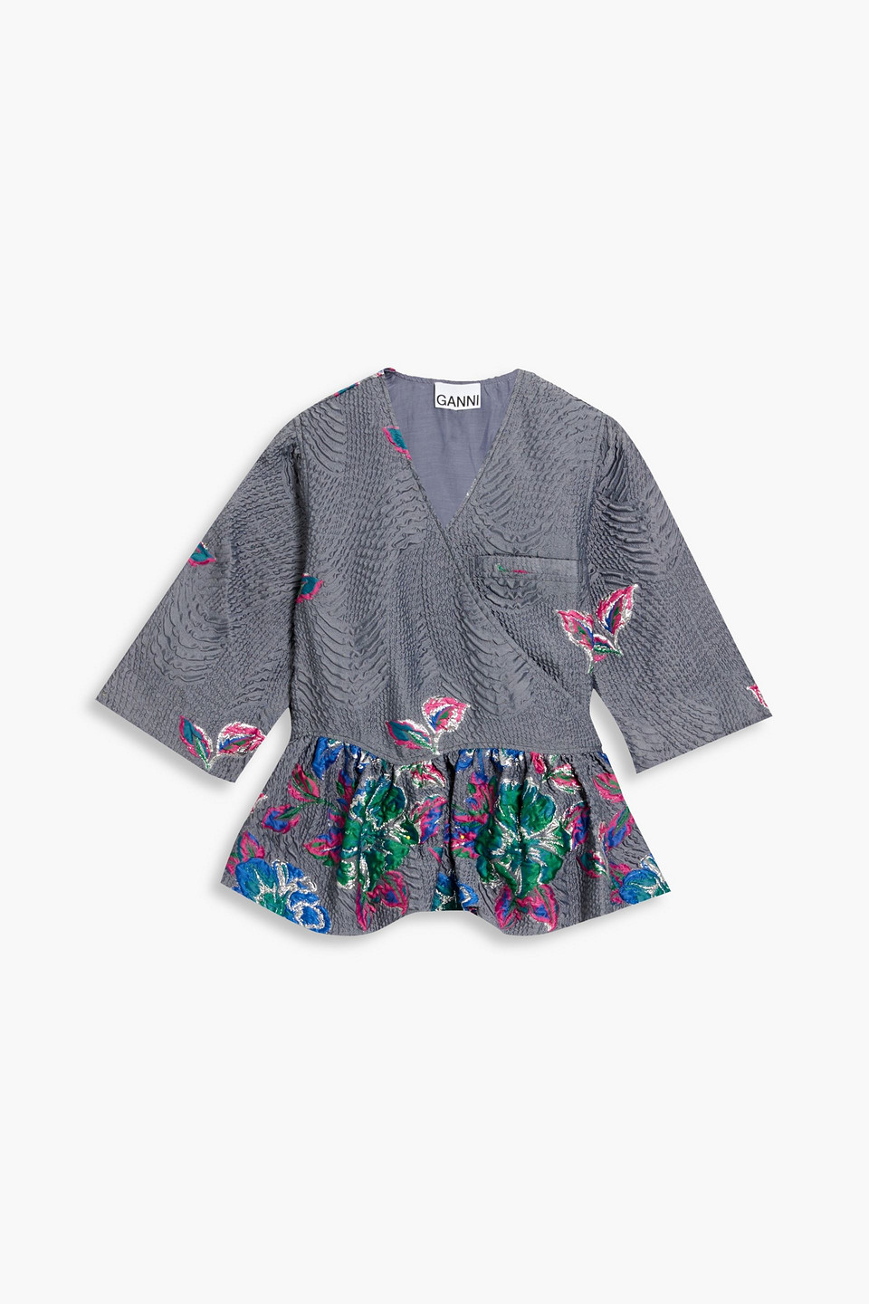 ganni - fil coupé cloqué wrap blouse - metallic - xxs/xs