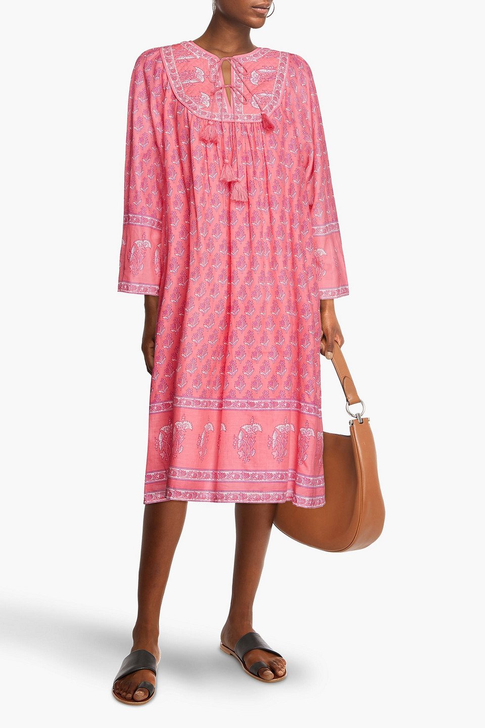 Antik Batik Tasseled Gathered Floral-print Cotton Kaftan In Pink