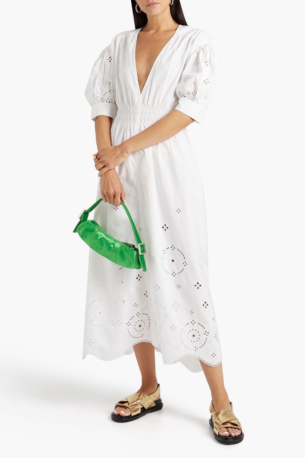 GANNI Shirred organic broderie anglaise cotton midi dress