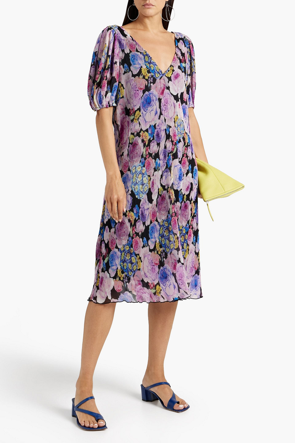 ganni floral print plissé georgette midi dress Ganni Floral-print Plissé-georgette Midi Dress In Lavender