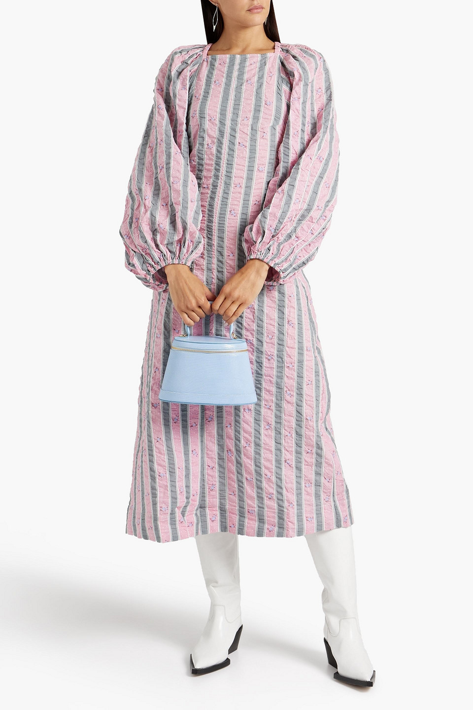 Ganni Crinkled Printed Cotton-poplin Midi Dress In Pink | ModeSens