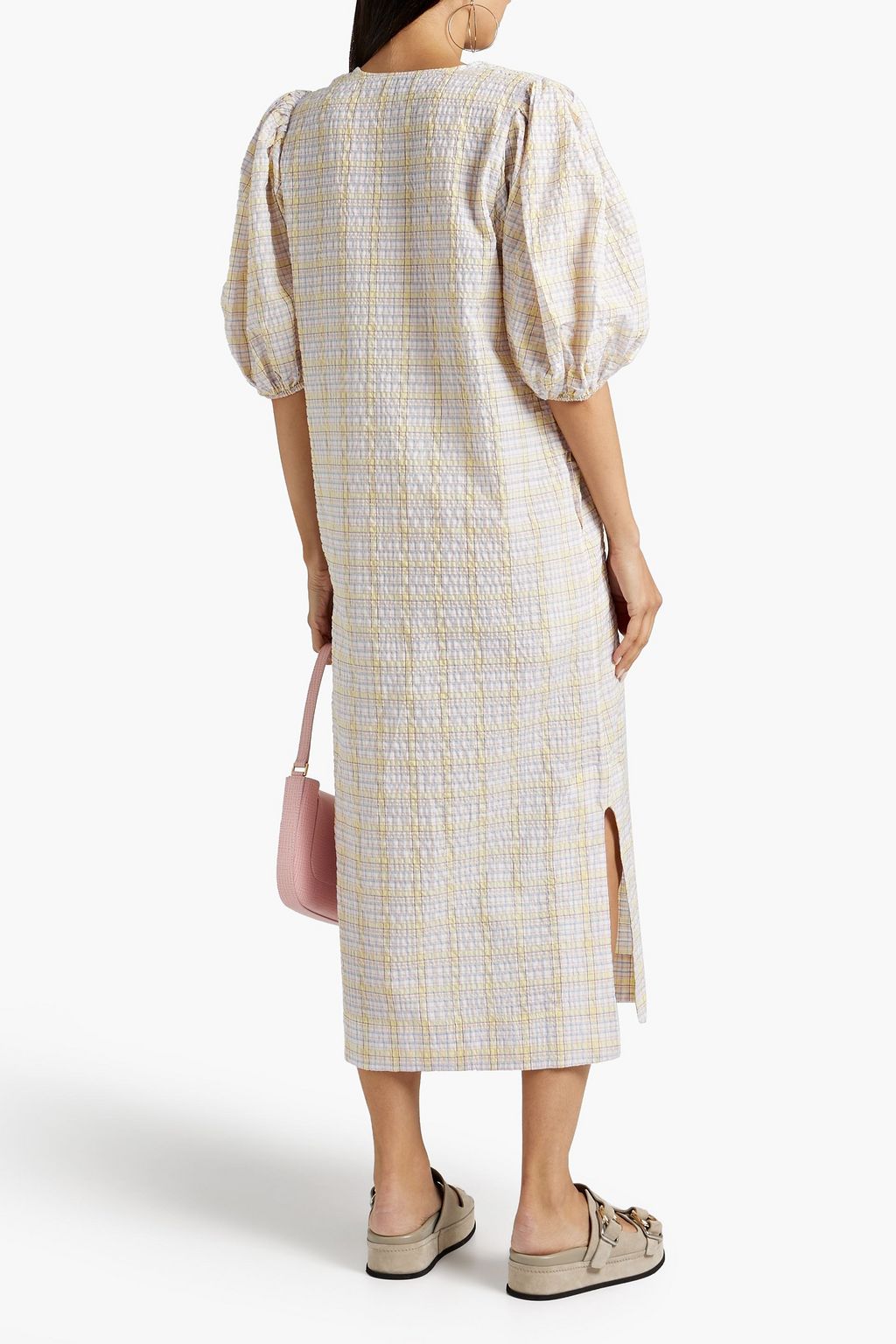 GANNI Checked cotton-blend seersucker midi dress