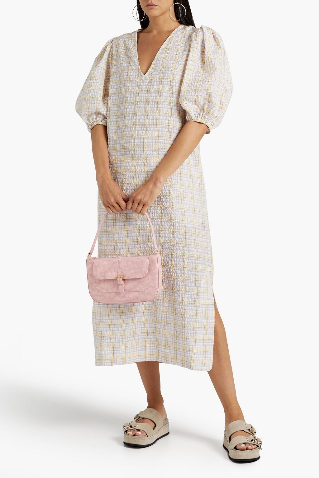 GANNI Checked cotton-blend seersucker midi dress