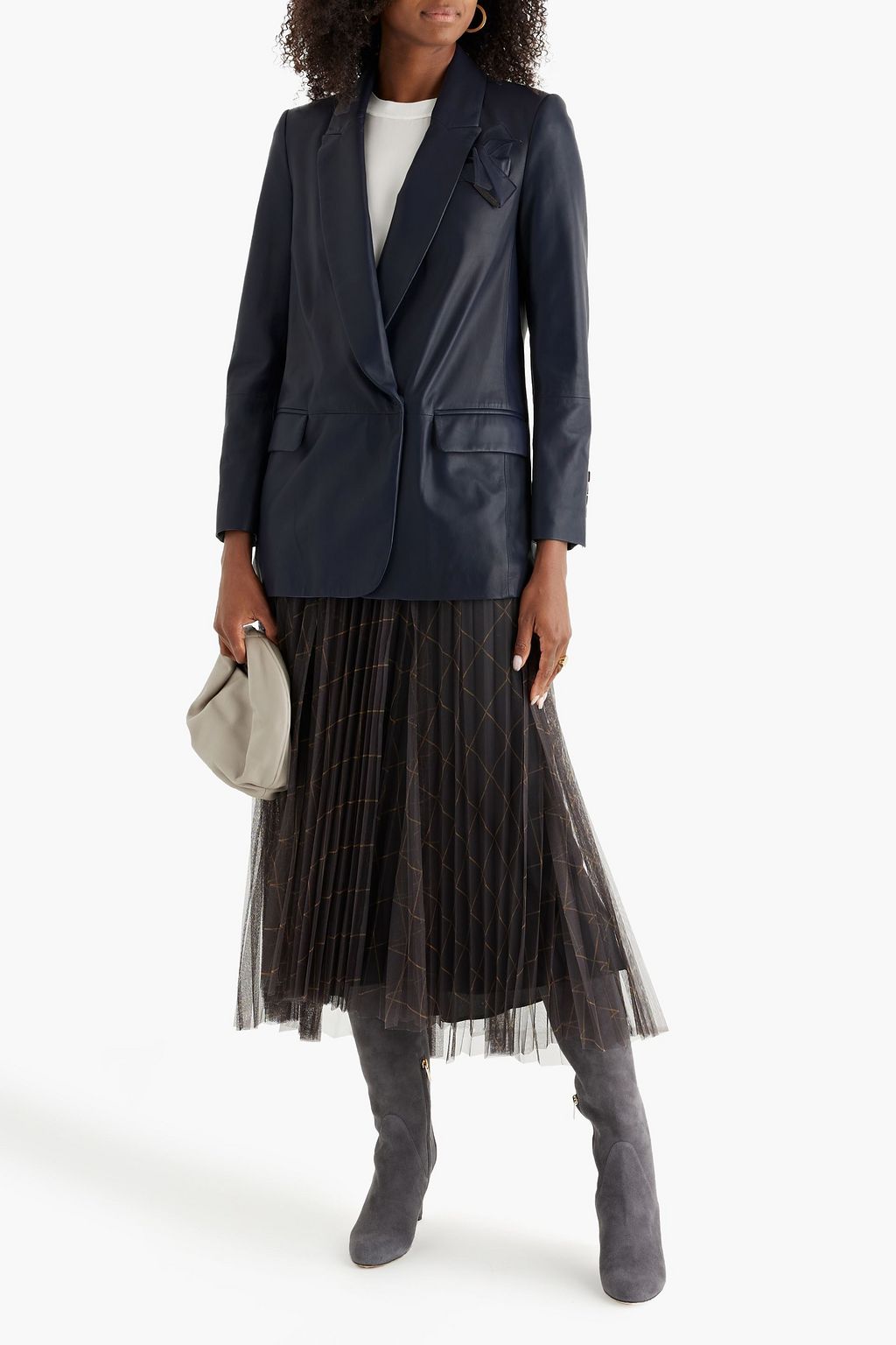 BRUNELLO CUCINELLI Double-breasted bead-embellished leather blazer