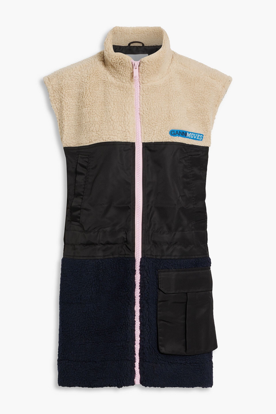 ganni - teddy fleece-paneled shell vest - black - eu 34