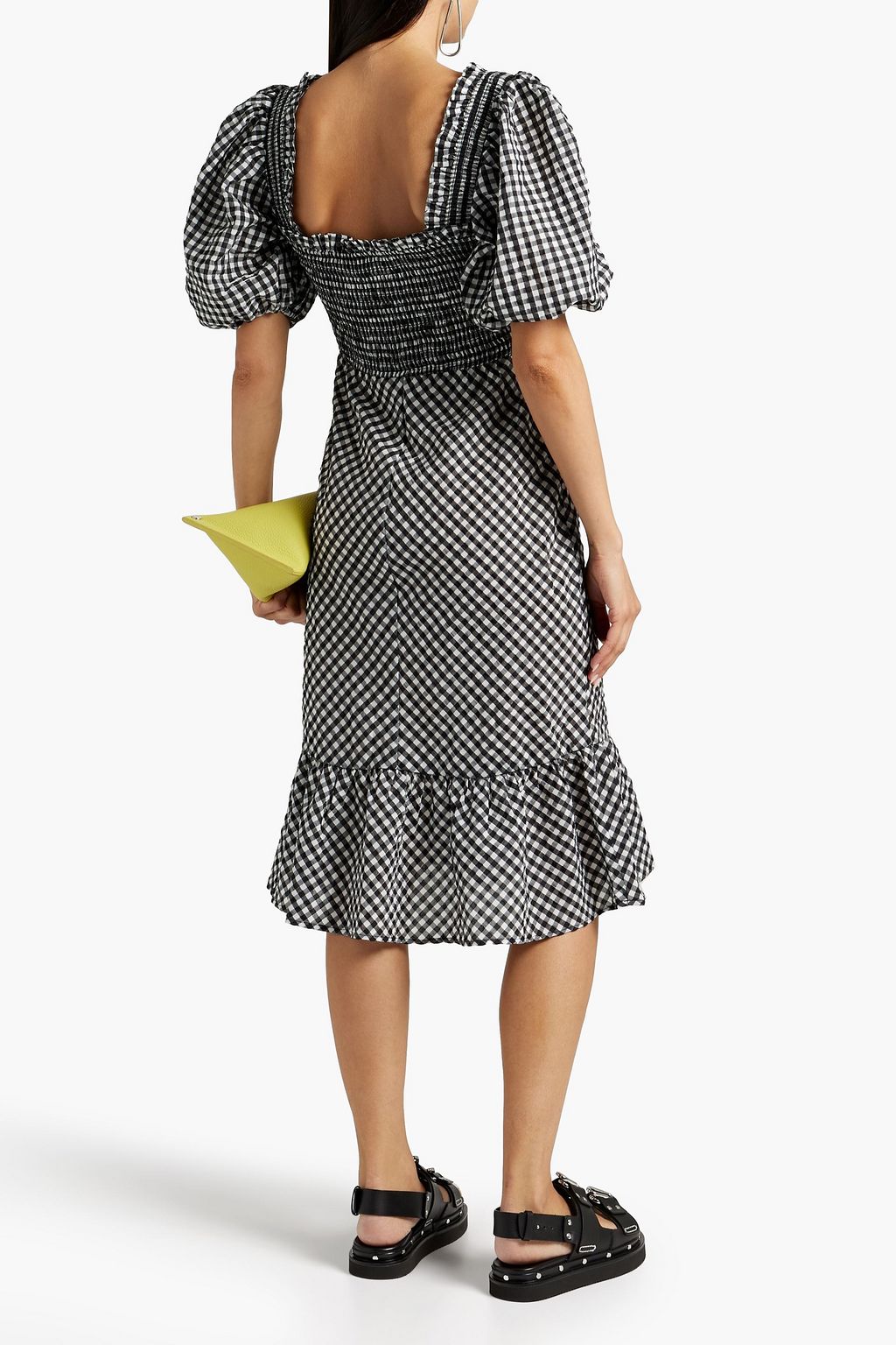 GANNI Gerafftes Kleid aus Seersucker mit Gingham-Karo