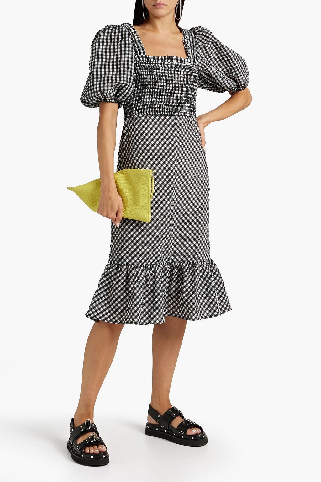 GANNI Gerafftes Kleid aus Seersucker mit Gingham-Karo
