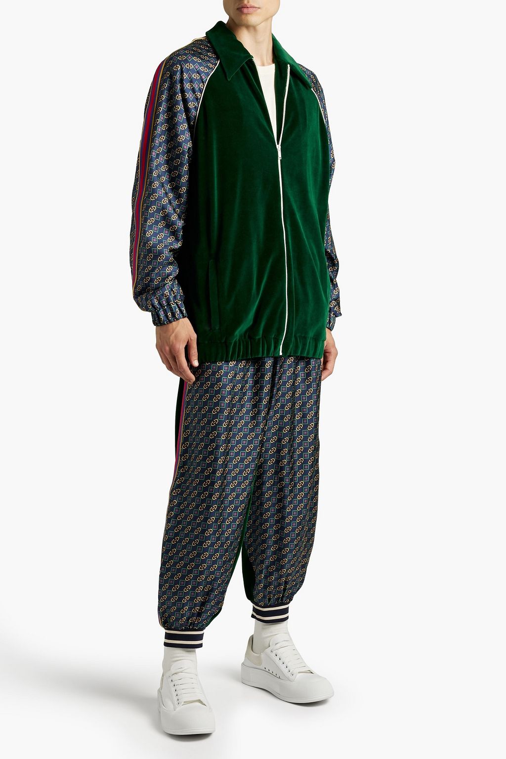 GUCCI Bedruckte Sporthose aus Velours aus einer Baumwollmischung und glänzendem Twill