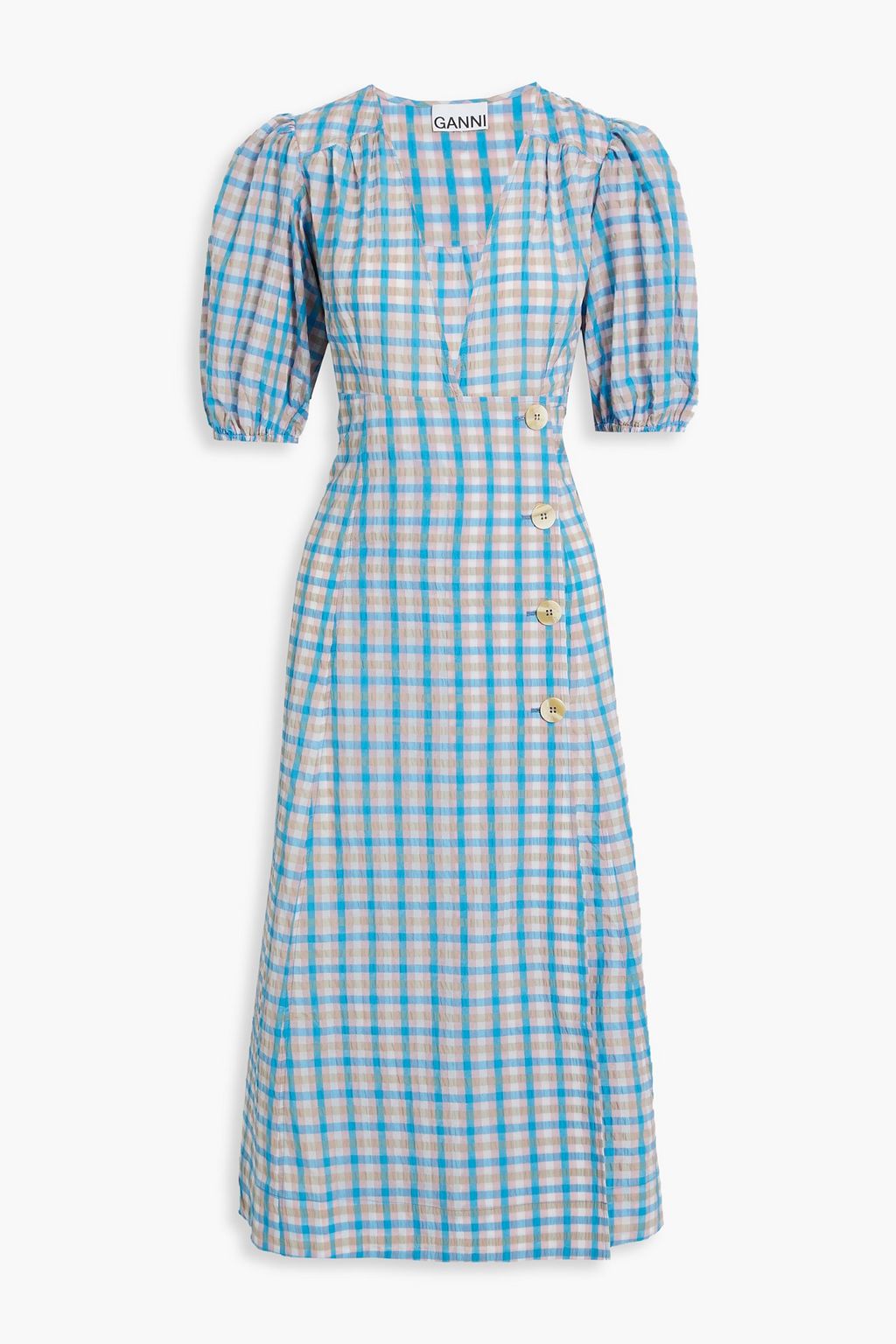 GANNI Gathered gingham seersucker midi dress | THE OUTNET