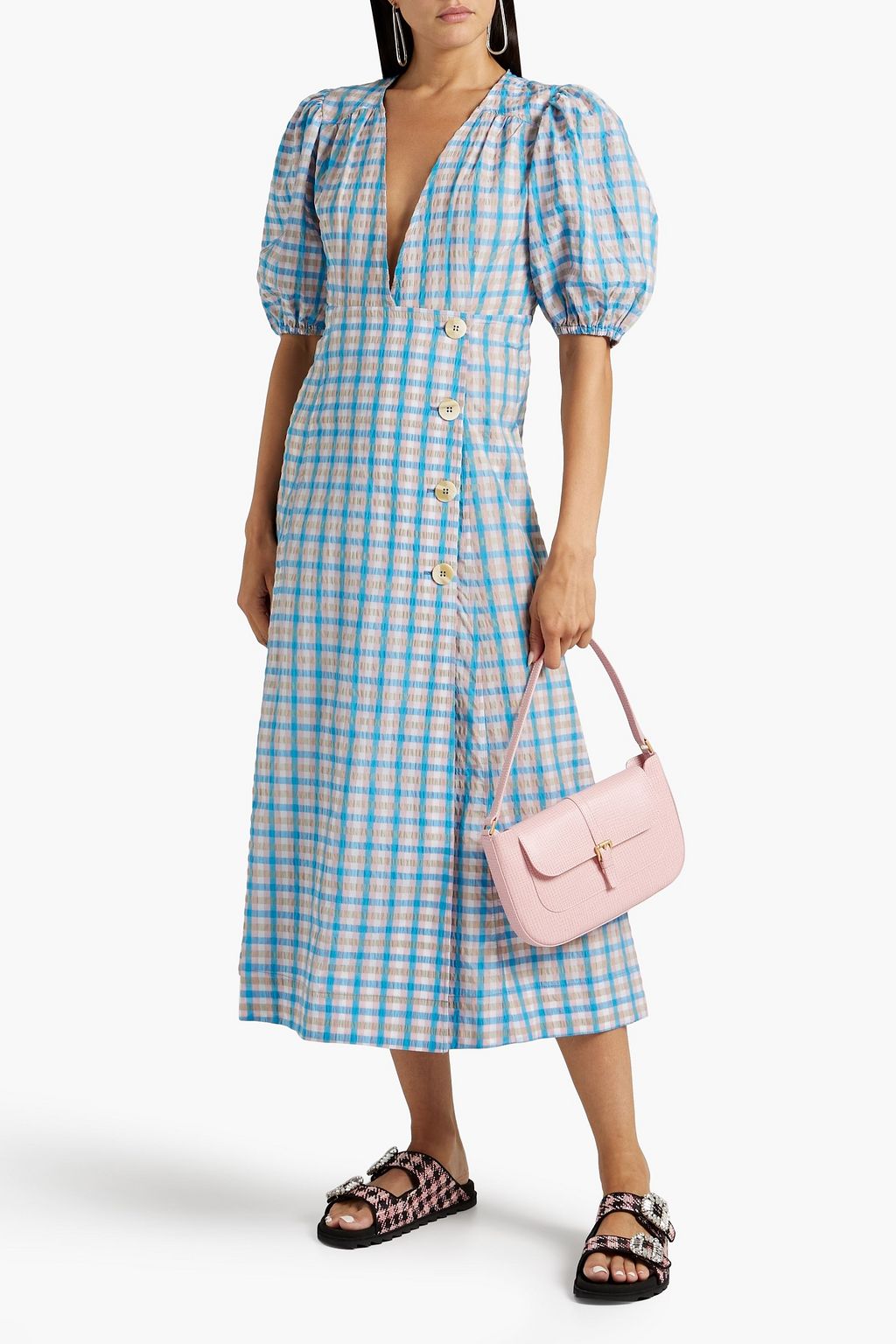 GANNI Gathered gingham seersucker  midi dress