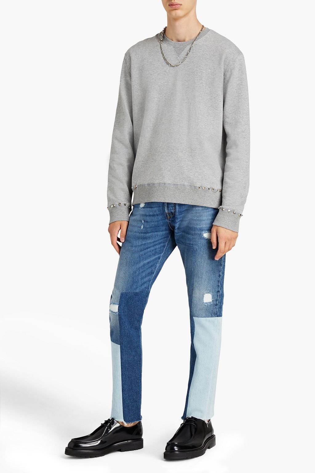 VALENTINO GARAVANI Studded mélange French cotton-blend terry sweatshirt