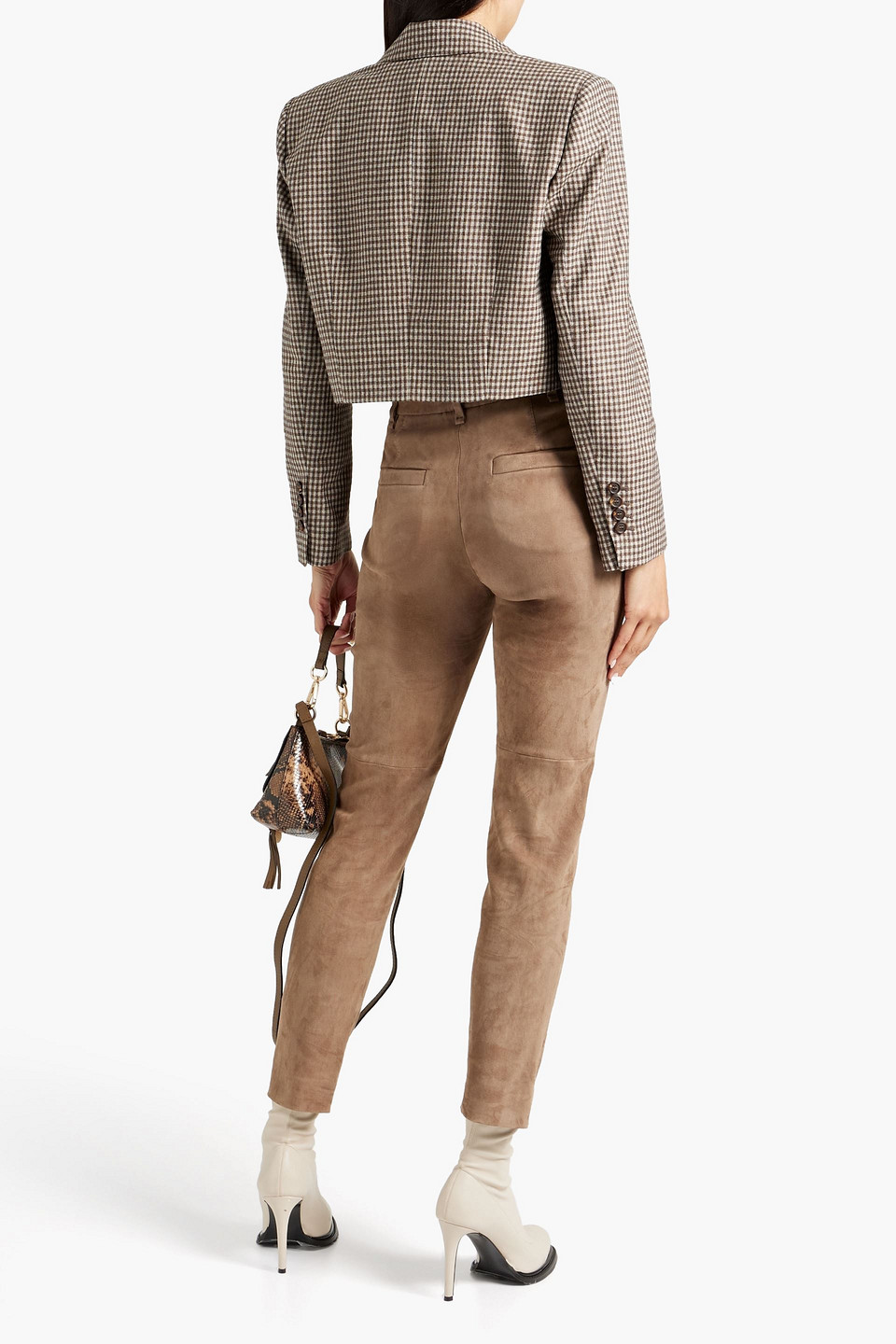 Shop Brunello Cucinelli Cropped Checked Wool, Silk And Linen-blend Blazer In Brown