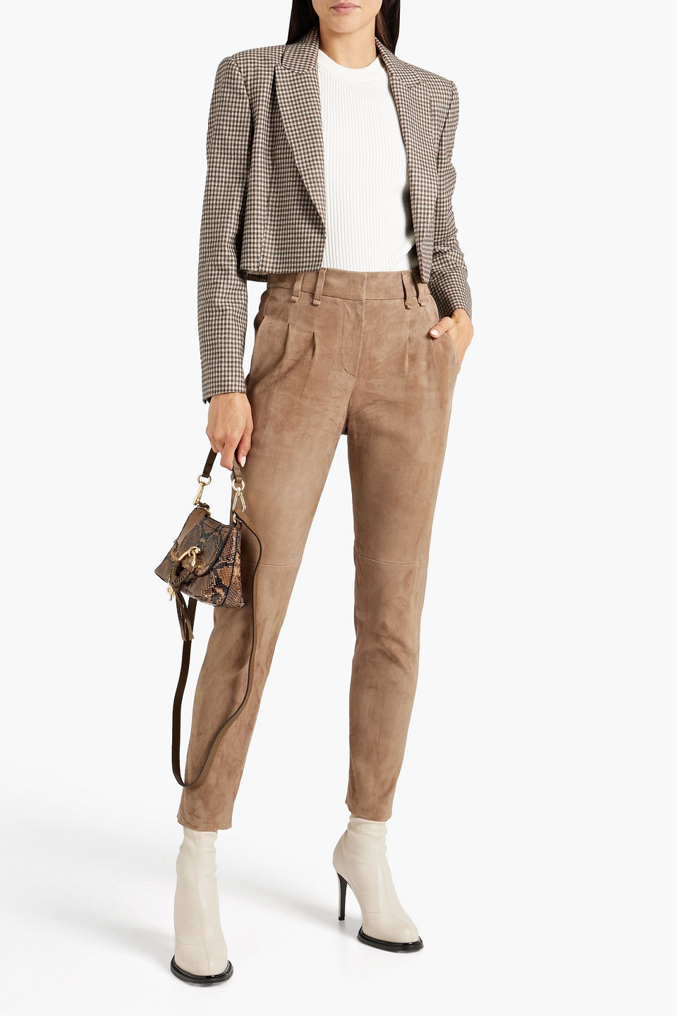 Shop Brunello Cucinelli Cropped Checked Wool, Silk And Linen-blend Blazer In Brown