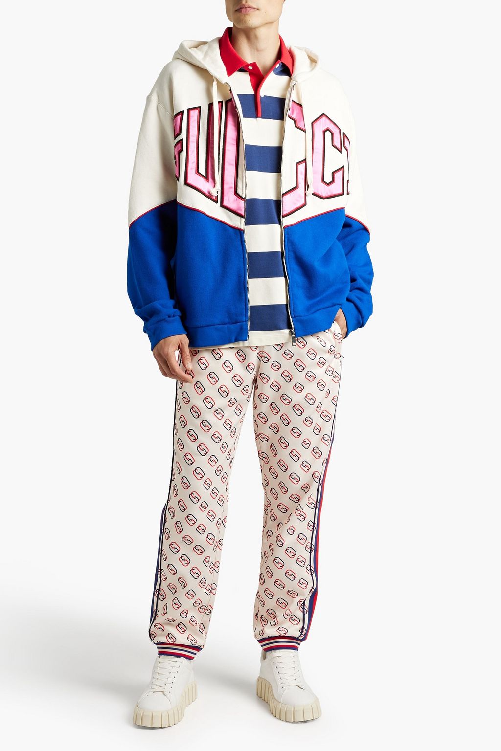 GUCCI Appliquéd two-tone French cotton-terry zip-up hoodie