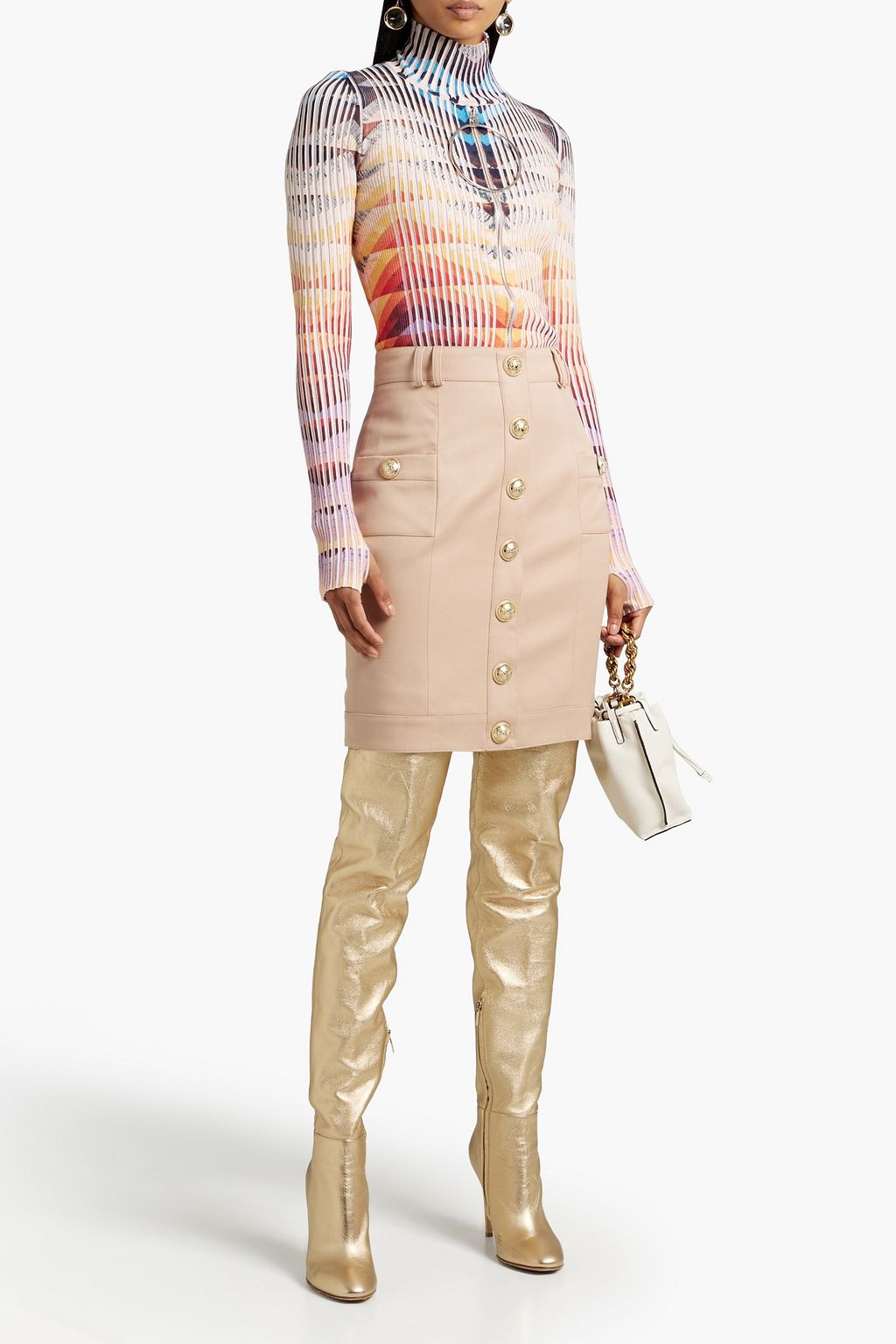 BALMAIN Button-embellished grain de poudre wool mini skirt