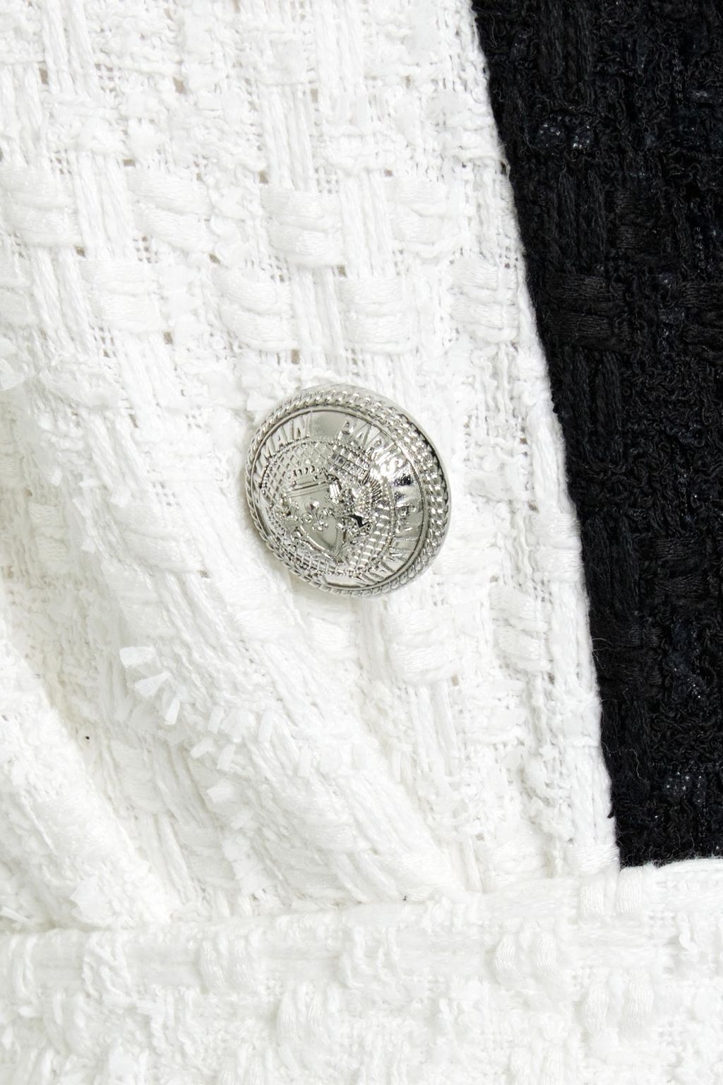 BALMAIN Fringed two-tone cotton-blend bouclé-tweed cardigan