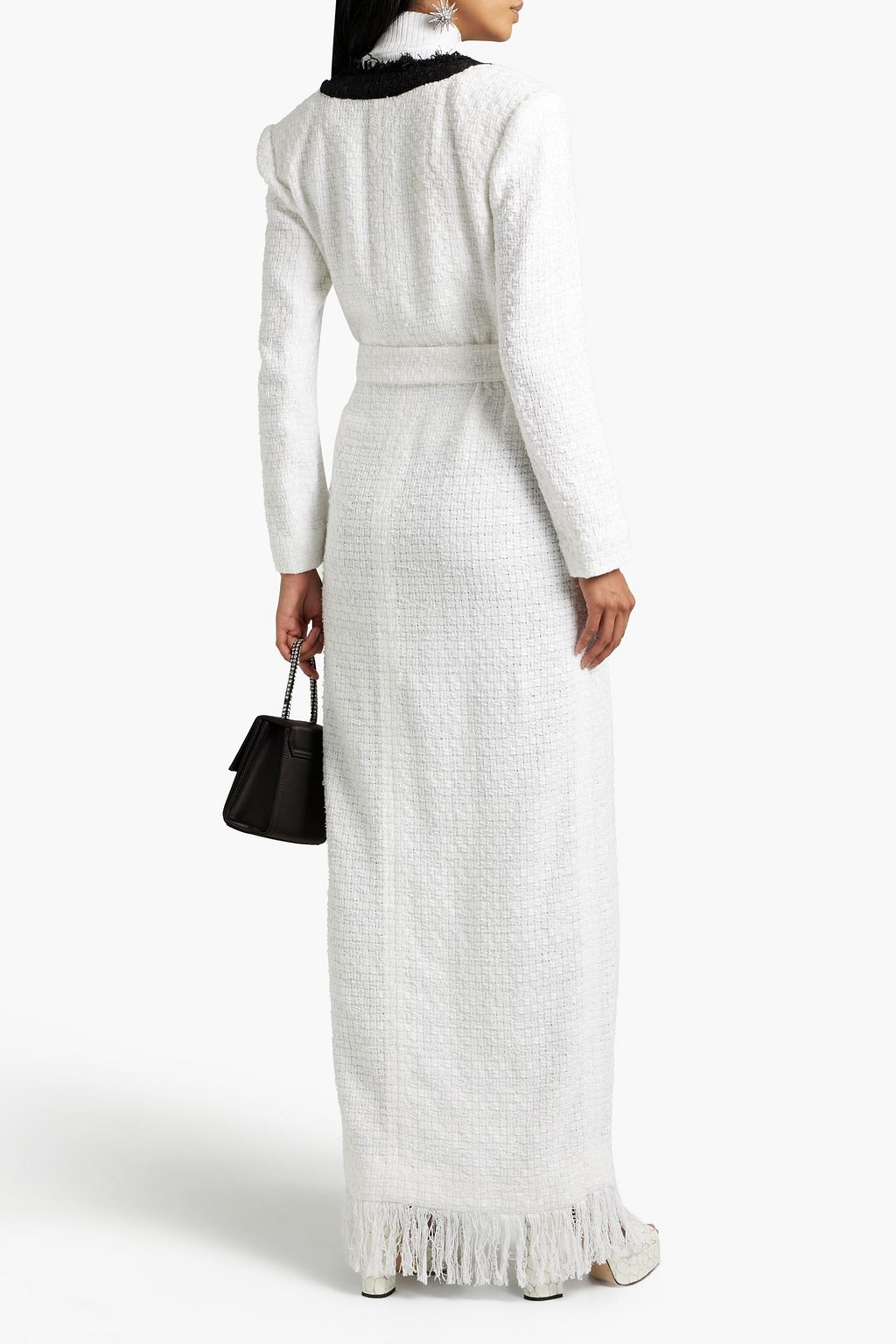 BALMAIN Fringed two-tone cotton-blend bouclé-tweed cardigan
