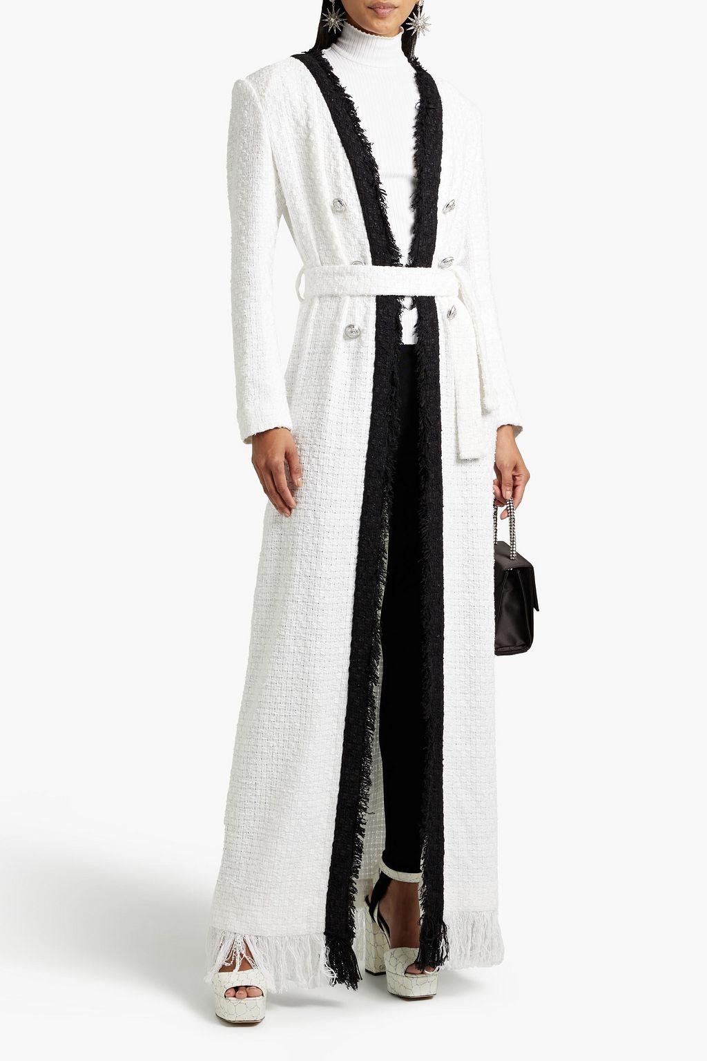 BALMAIN Fringed two-tone cotton-blend bouclé-tweed cardigan