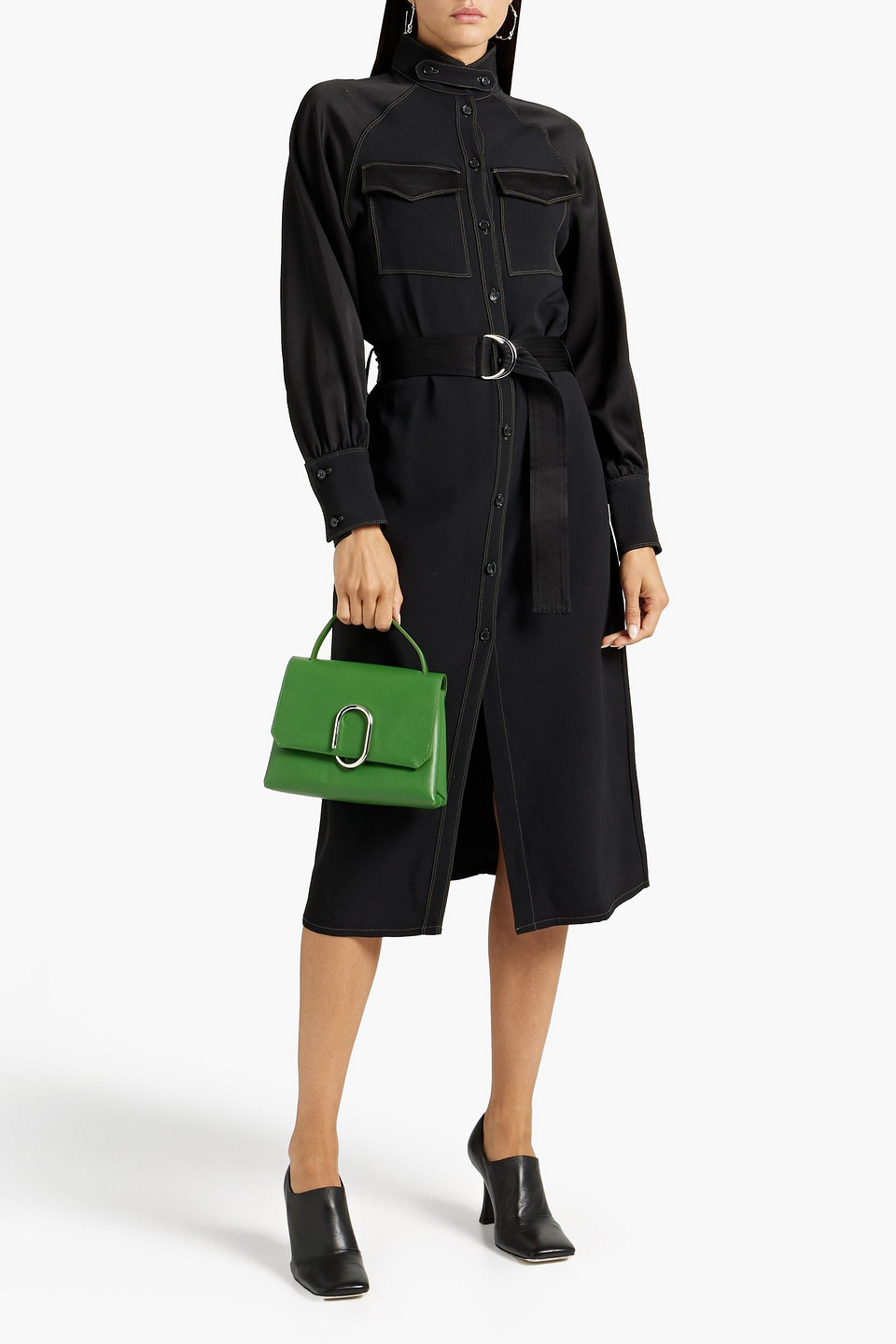 OFFICINE GENERALE LOLIE BELTED SATIN-PANELED CREPE DRESS 3074457345632190473