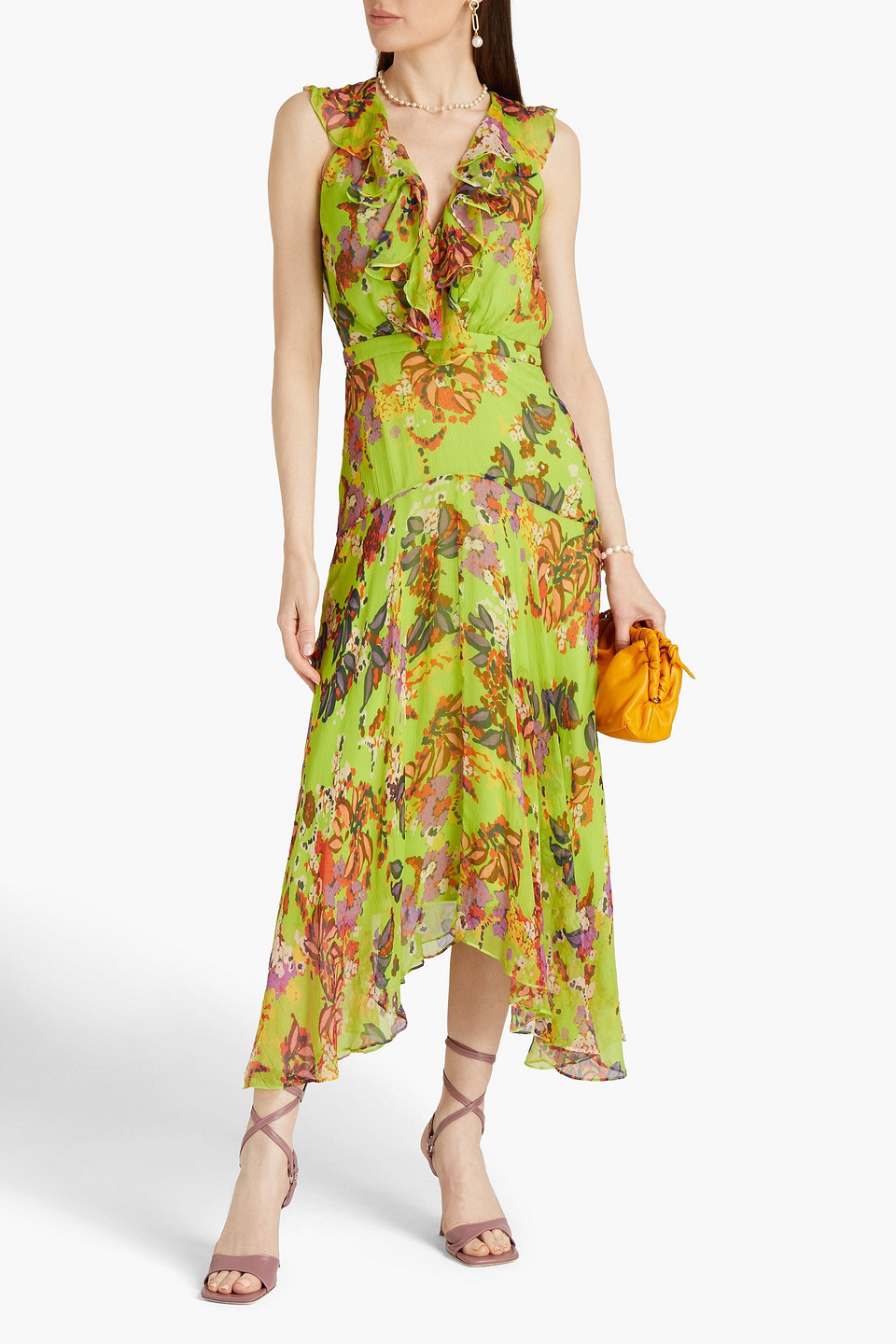 Saloni Rita Ruffled Printed Silk-georgette Midi Dress In Lime Green