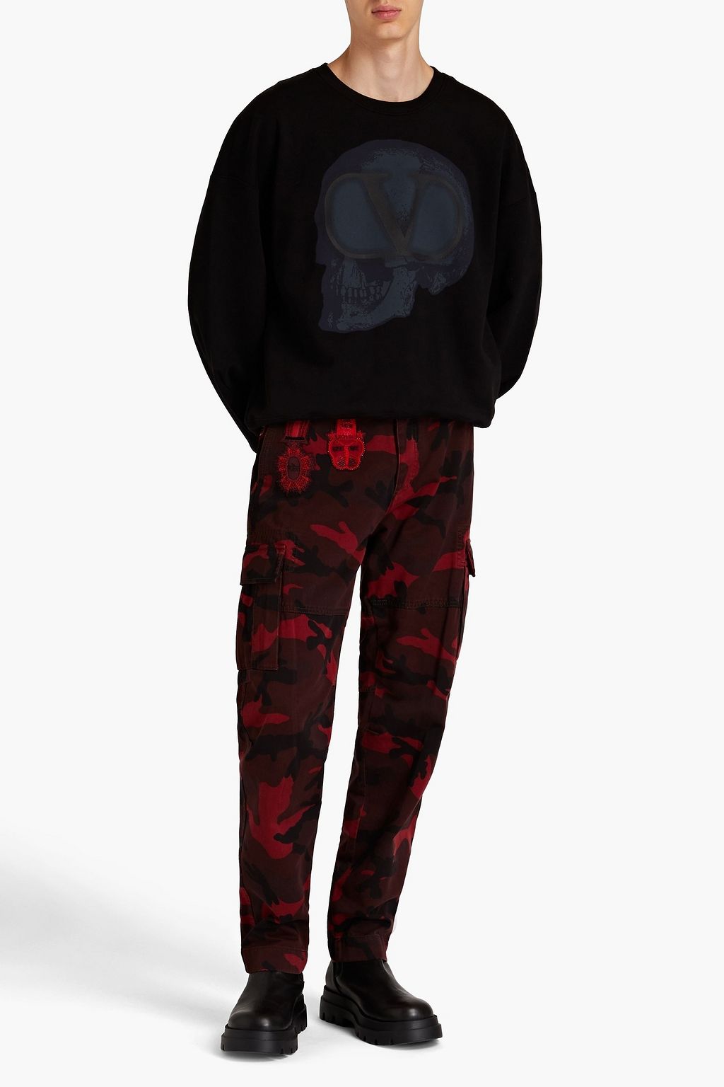 VALENTINO GARAVANI Embellished camouflage-print cotton-twill cargo pants