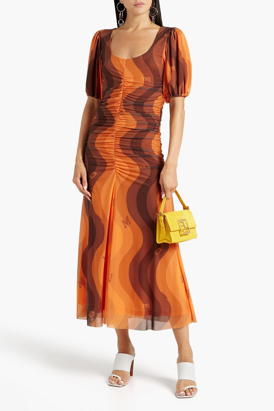 Ganni Ruched Printed Stretch-mesh Midi Dress In Orange