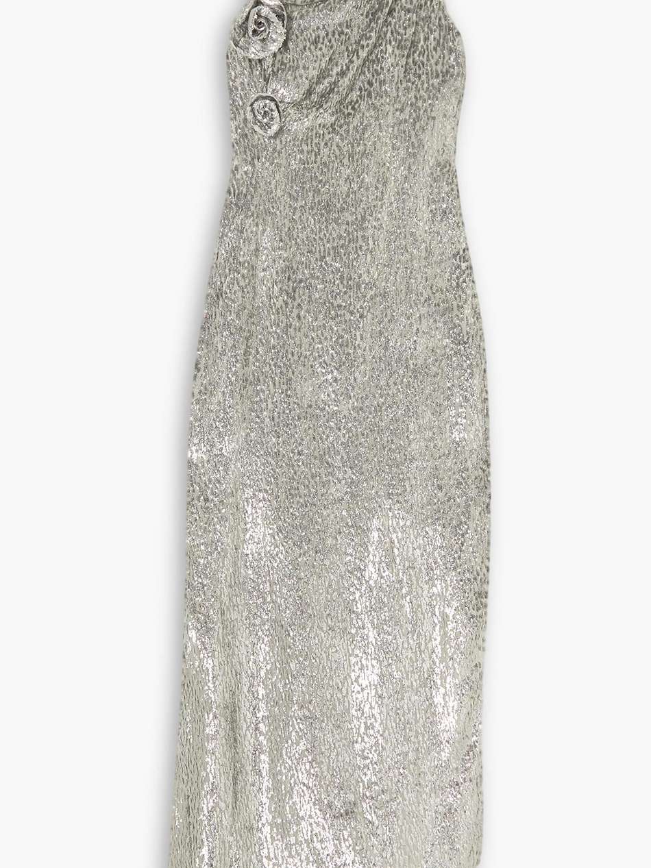 asymmetric appliquéd metallic fil coupé voile midi dress