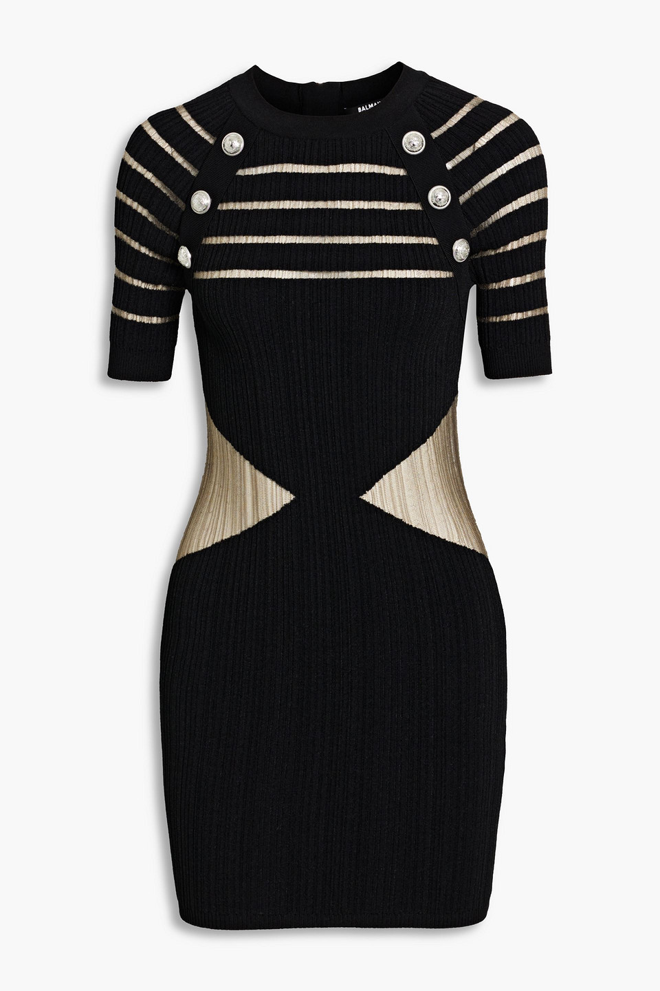 Balmain Button-embellished Burnout Ribbed-knit Mini Dress In Black | ModeSens Balmain Button-embellished Burnout Ribbed-knit Mini Dress In Black | ModeSens