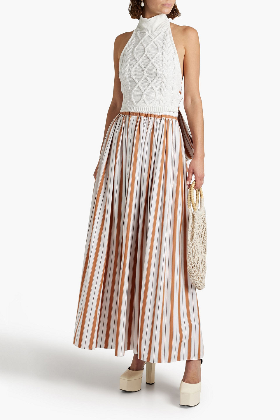 Rosie Assoulin Cropped Striped Cotton Poplin-trimmed Cable-knit Cotton Halterneck Top In White