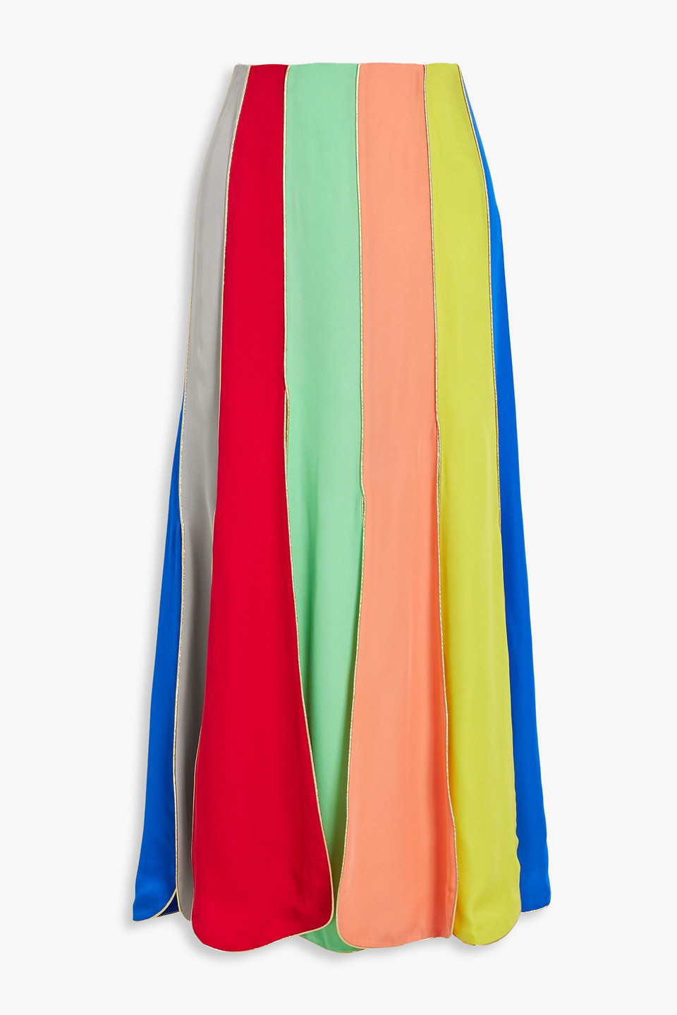 Carwash metallic-trimmed striped silk-crepe maxi skirt