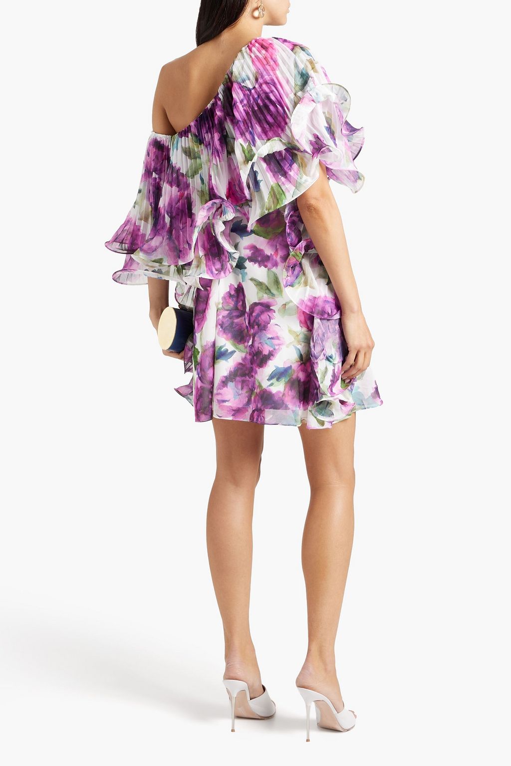 BADGLEY MISCHKA シフォン ミニワンピース ワンショルダー プリーツ入り フローラルプリント