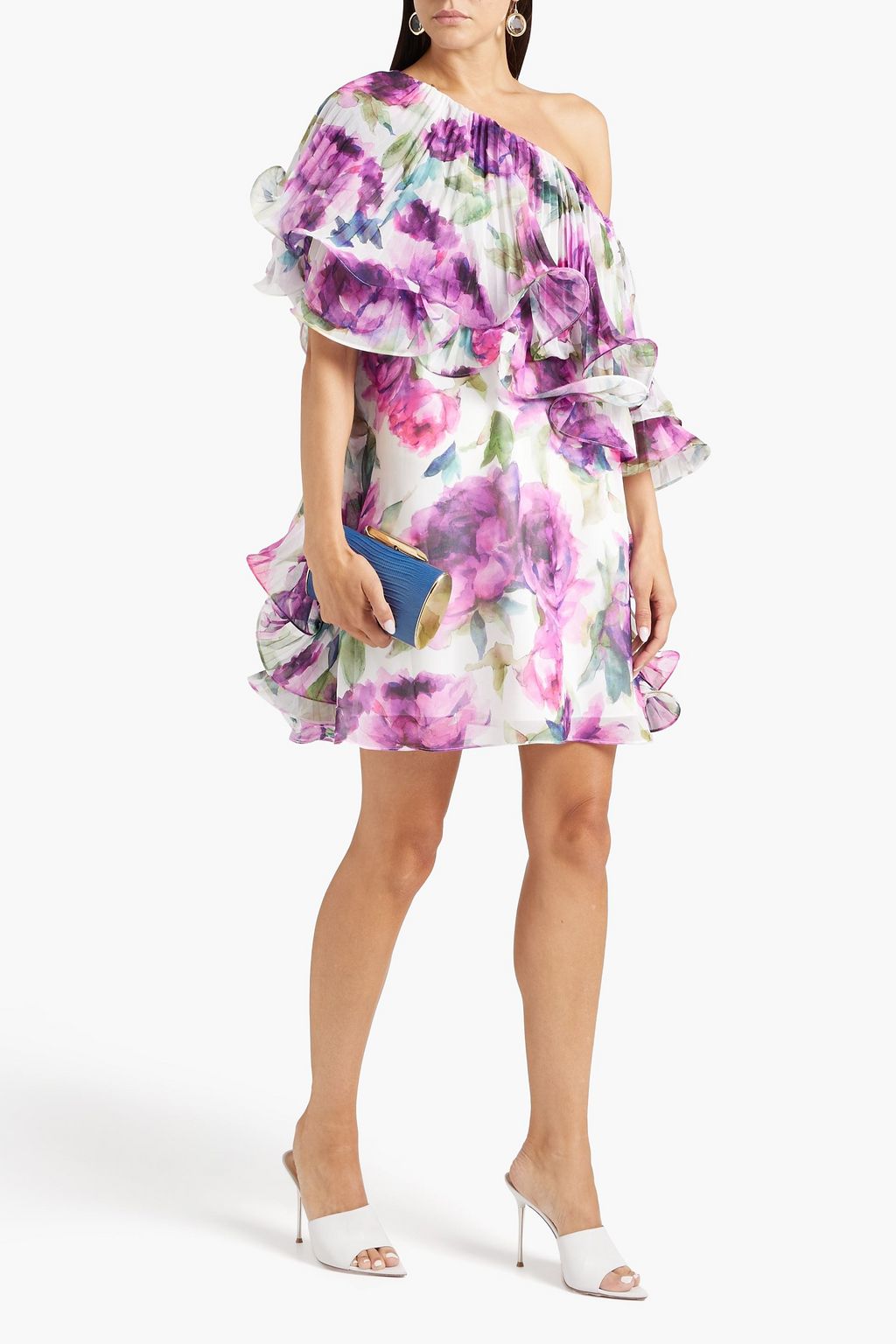 BADGLEY MISCHKA シフォン ミニワンピース ワンショルダー プリーツ入り フローラルプリント