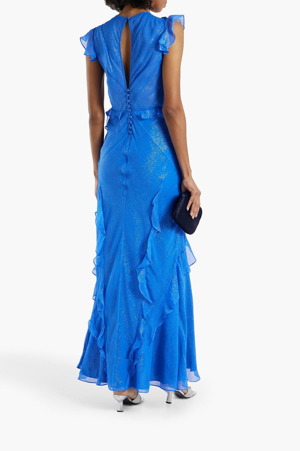 SALONI Tamara ruffled metallic striped silk-blend chiffon maxi dress